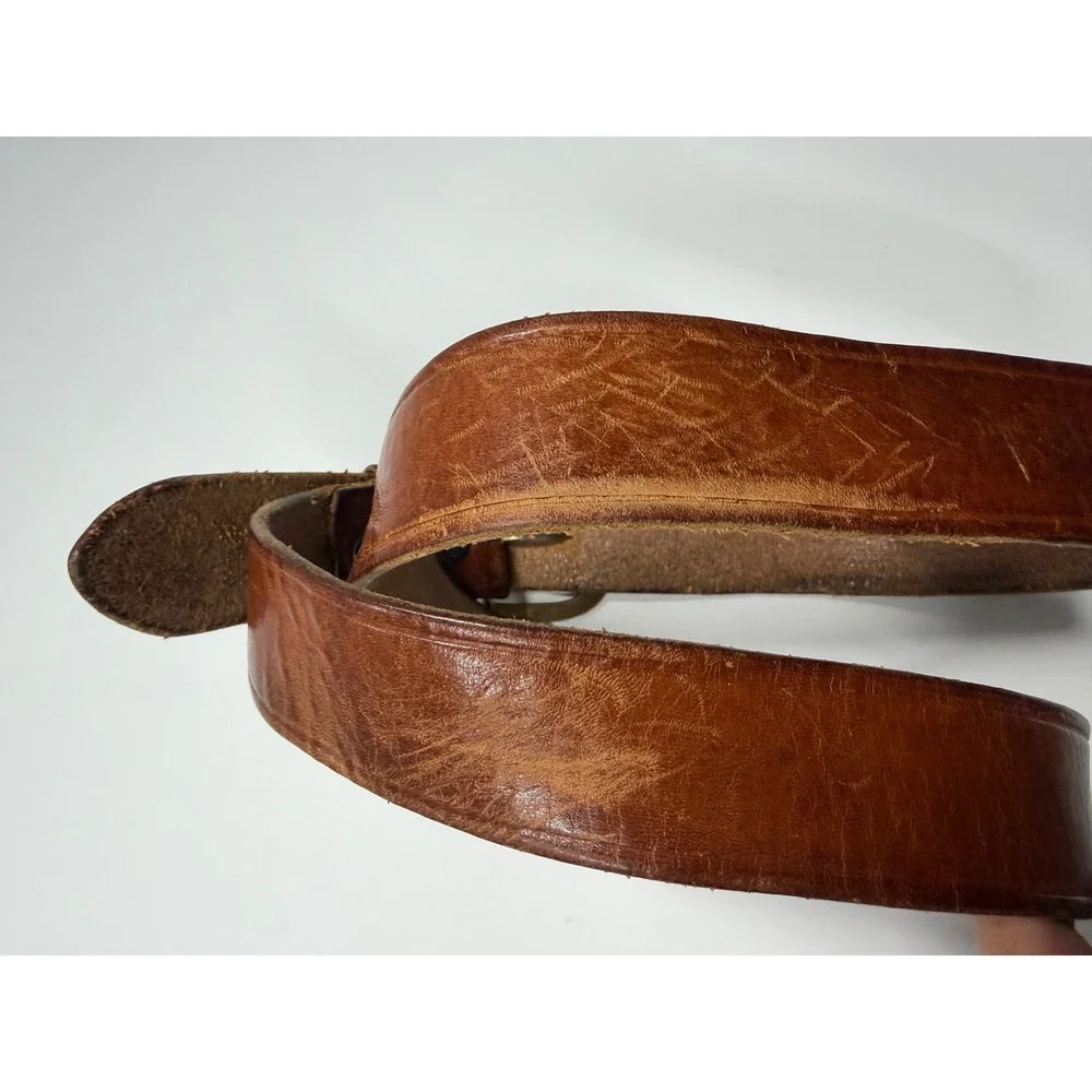 Cabelas Mens Brown Leather Belt 42 Brass Buckle Heavy Duty Distressed 91-42